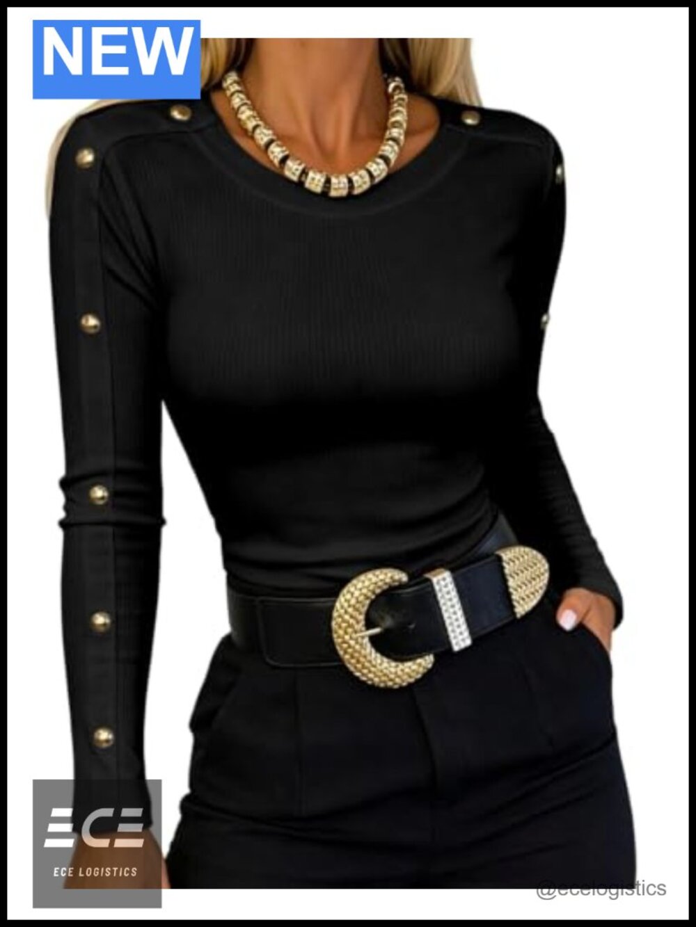 Womens Long Sleeve Ribbed Knit Fitted Top Gold Button Pullover